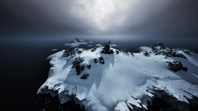 Close aerial snowy plateau rocky outcrops, research mapping mission documents ice texture and coastal margins, overcast light and deep shadow emphasize scale