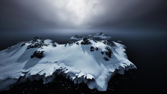 icy shoreline with scattered floes under brooding sky, low light reflecting off rough water, textured snowfields meeting dark sea, melancholic remote mood ideal