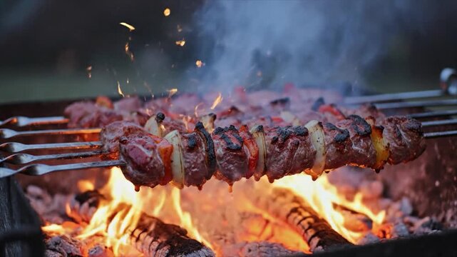 Grilled meat skewers sizzle on a flaming barbecue with smoke rising