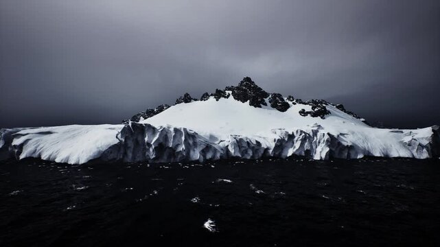 Thunderous polar seascape with looming sky, black ocean, jagged icefront, dramatic lighting, roiling clouds, tense atmosphere, conservation undertones