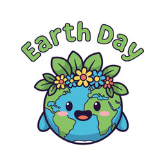 Fototapeta premium Earth Day Cartoon Character With Flowers On Head