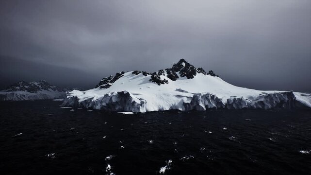 Minimalist monochrome seascape with icy island and high contrast texture, subtle lighting and sparse composition ideal for editorial backgrounds and web hero