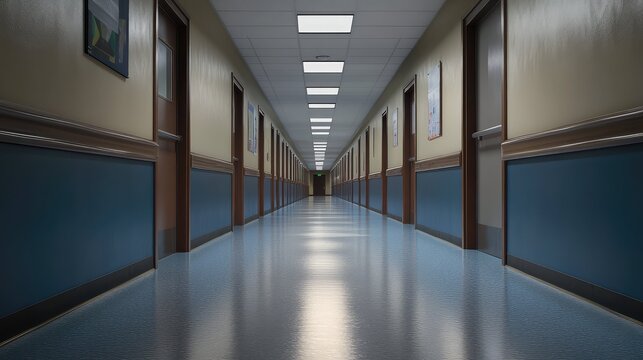 Empty medical facility hallway creating a sense of isolation and anticipation, featuring a patterned floor, numerous doors, and recessed ceiling lighting