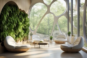 Fototapeta premium Modern lounge interior featuring a large green living wall and abstract windows overlooking nature