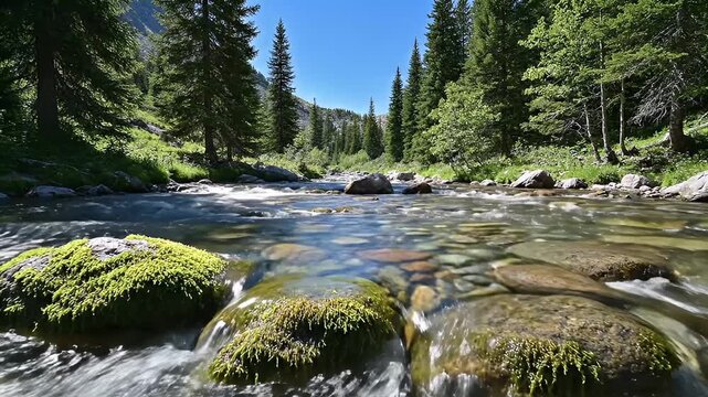 River Scene in Sunlit Forest with Clear Water Flowing Over Mossy Rocks