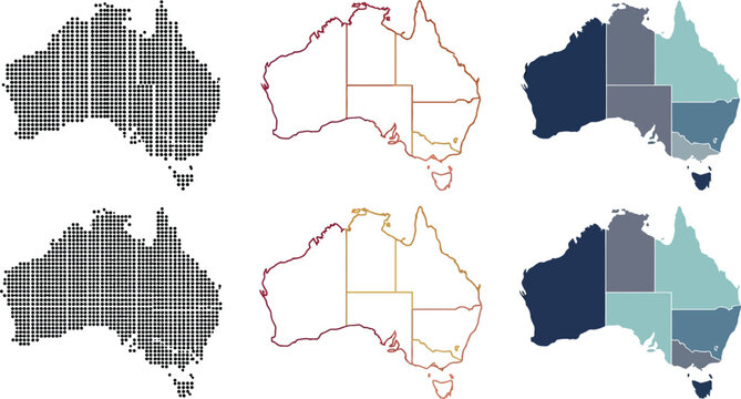 Australia map set including dotted halftone shapes, colorful outline divisions, and flat state regions for professional graphic design projects