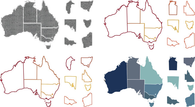 Australia map collection featuring various vector graphic styles including halftone patterns outline borders and solid colored region shapes designs