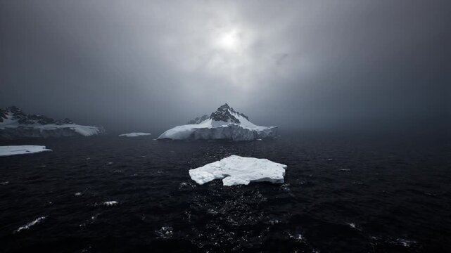 Expedition viewpoint with distant glacier peak, wide dark sea punctuated by floating ice, rugged summit under heavy cloud, sense of remote research outpost