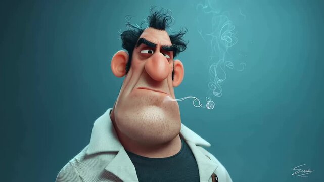 Character portrait of a grumpy man with smoke in a digital art style in a studio setting