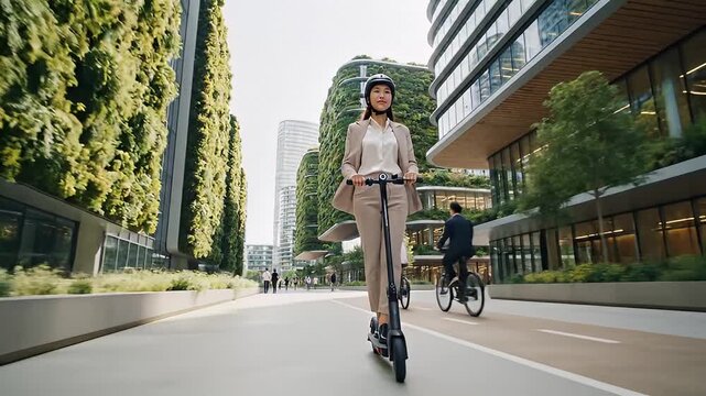 Person Riding Electric Scooter in Modern Urban Campus Setting