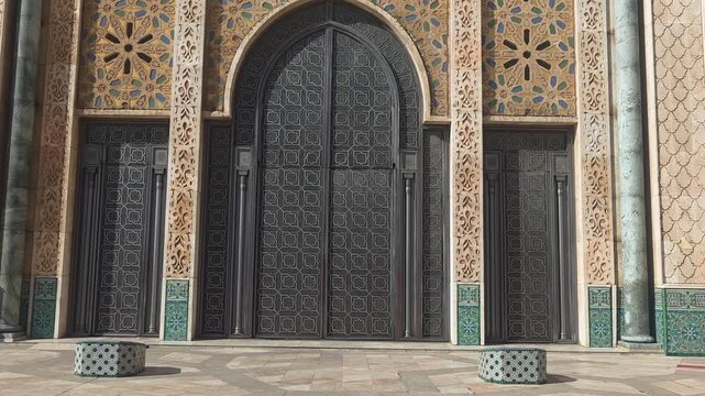 Hassan II Mosque ornate door and tilework close-up,"Hassan II Mosque ornate bronze door zellige tilework detail Casablanca Morocco
