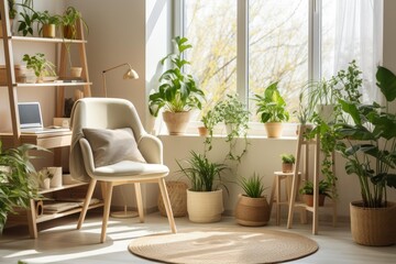 Fototapeta premium Bright room featuring a comfortable chair, a desk with laptop, and numerous potted plants, bathed in natural light