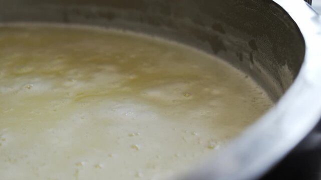 Fermentation of milk mass and starter to form cheese curd. Hot steam over whey during the production of fermented milk products and cheese. Dairy farm. Food industry.