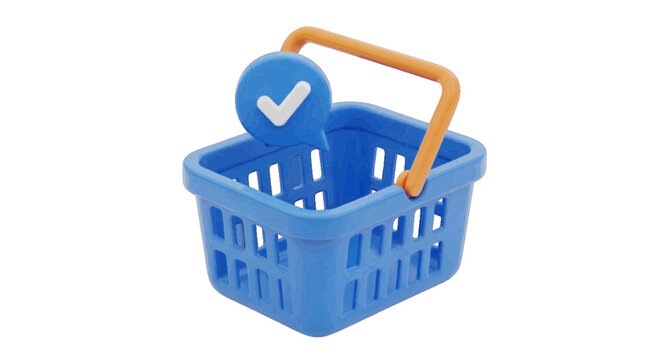 Vector illustration&nbsp;of 3d render of a blue shopping basket with a checkmark icon on a transparent background