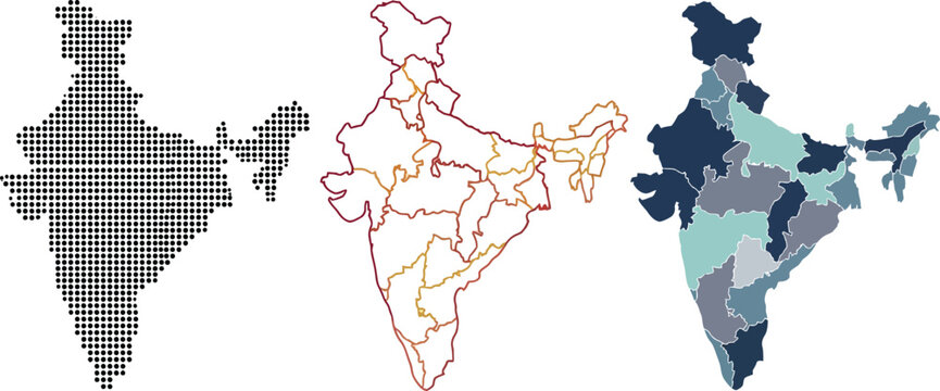 India map vector illustration set featuring dotted outline contour and colorful political regions isolated on a white background design