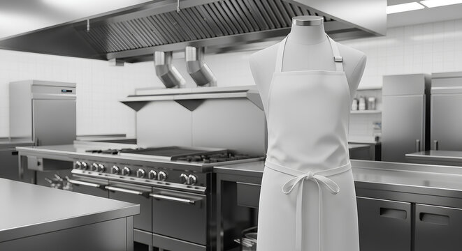 White Blank Chef Apron on Mannequin in Professional Restaurant Kitchen Mockup
