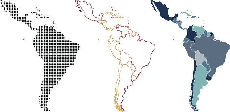 Latin America map vector illustration set featuring halftone patterns outline borders and colorful regions for professional geographic graphic design