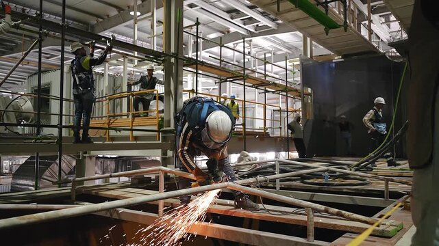 close up cinematic slow motion footage of a metalworker wearing protective gloves and safety helmet uses an angle grinder to cut steel, creating sparks in a workshop environment.