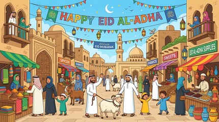 Fototapeta premium Eid al adha celebration festive scene with people and animals in town