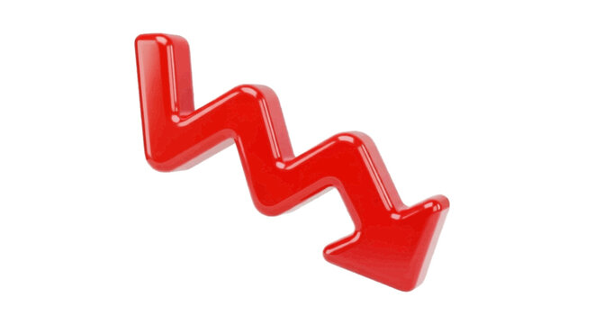 Vector illustration&nbsp;of 3d render of a red zigzag arrow pointing downwards on a transparent background