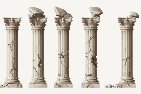 Five classical stone pillars showing damage, cracks, and falling debris