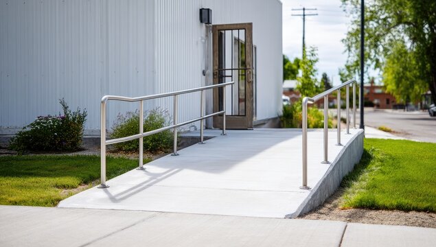 Exterior shot of a building featuring a wheelchair ramp leading to an open doorway