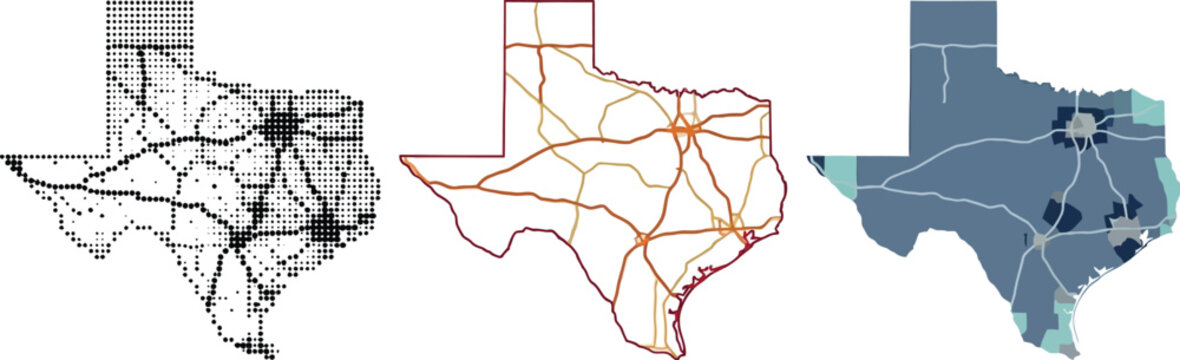 Texas map vector illustration set featuring modern highway networks road systems and geometric abstract point patterns for professional design projects