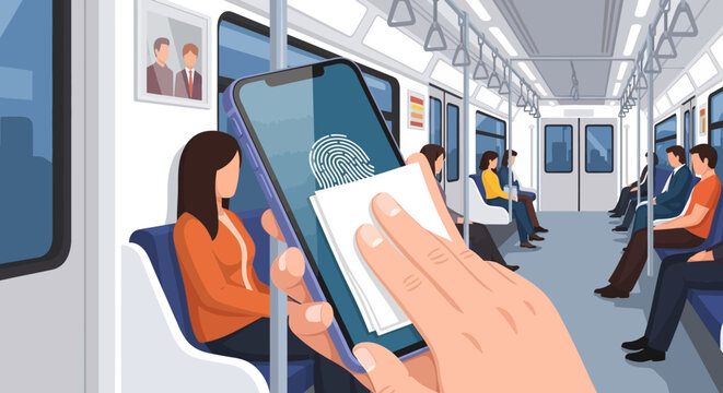 Hand holding smartphone with credit card inside train.