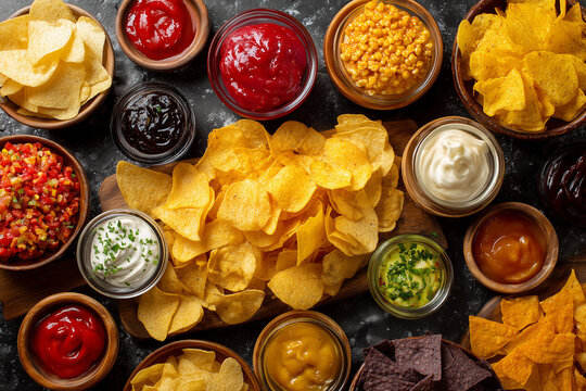 Top view assortment of salty snacks with chips nachos and various dips on rustic table
