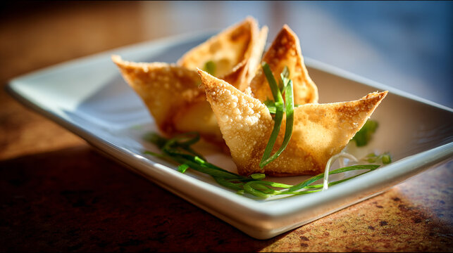 Crispy Crab Rangoon on White Plate with Green Onion Garnish