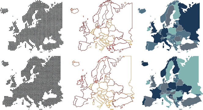 Europe map vector set featuring dotted halftone style linear outlines and flat colored regional shapes for professional design projects