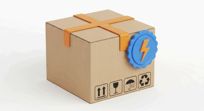 Vector illustration&nbsp;of cardboard delivery box with orange straps and a lightning bolt icon on a transparent background