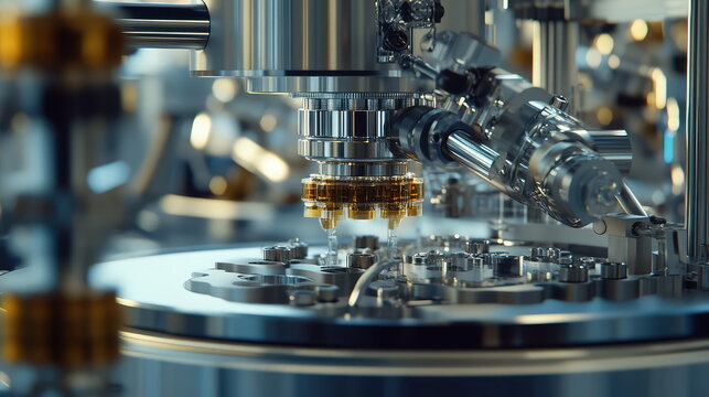 Automated robotic dispenser delivering precise liquid chemical doses in a high tech industrial laboratory, highlighting modern manufacturing, biotech research, and quality control processes