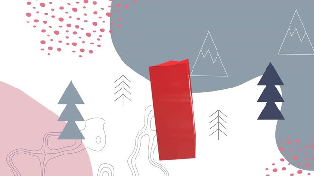 Sale text on red shopping bag against christmas tree icons and topography on white background