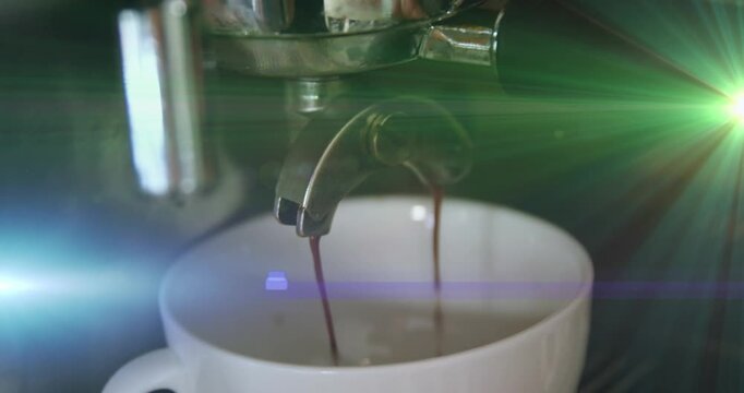 Animation of light spots over caucasian man preparing coffee in cafe
