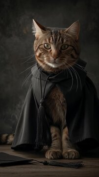 Portrait of a tabby cat wearing a black cloak against a dark textured background.