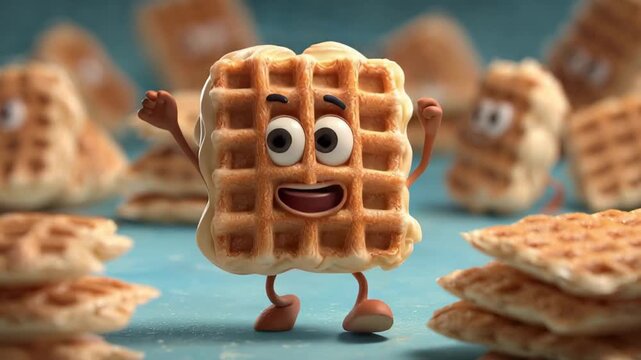 Waffle character enjoys time in a fun setting while surrounded by other waffles in a colorful kitchen environment