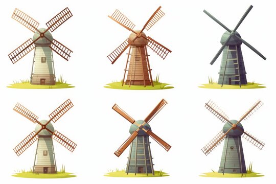 Six different vintage style windmills standing on green grass plots