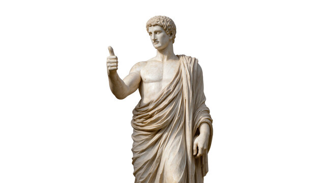 Ancient Roman marble statue of a man giving thumbs up, isolated on transparent background