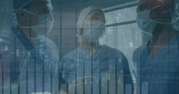 Statistical data processing over group of surgeons discussing in operation theater at hospital