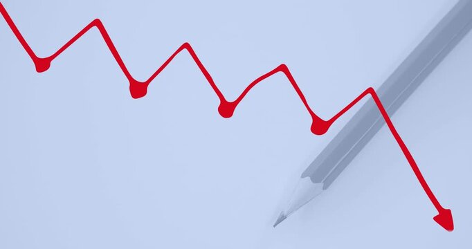 Animation of red graph moving over close up of a pencil against blue background