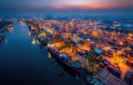 Aerial view of a bustling port at dusk with cargo ships, cranes, and city lights illuminating