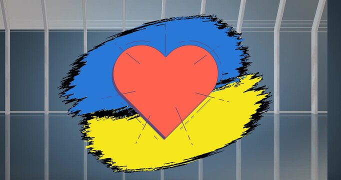 Animation of heart over flag of ukraine and office building