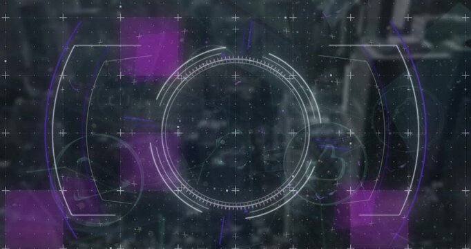 Animation of network of digital icons and scope scanning over aerial view of cityscape