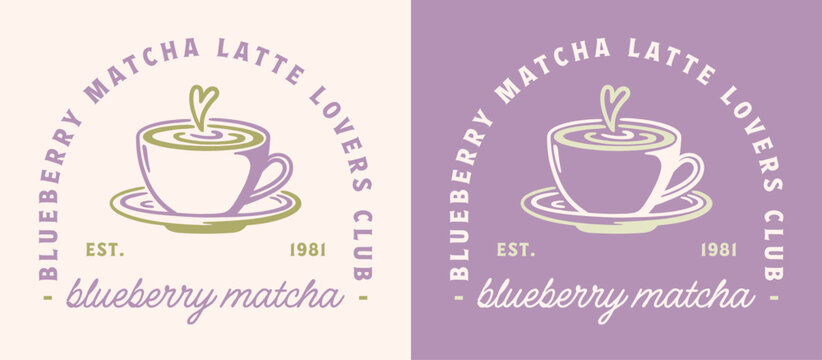 Blueberry matcha latte lovers club aesthetic cup logo green tea flavor label purple illustration girls shirt design. Japanese cafe style warm milk hot drink cute drawing sticker graphic poster print.