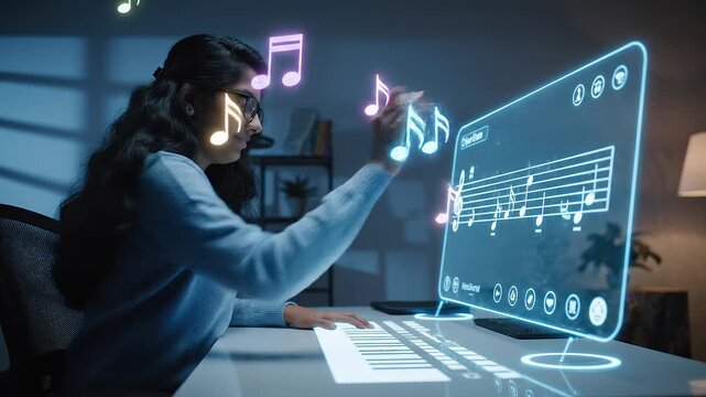 Young woman interacting with a futuristic holographic music creation interface, composing a song with digital notes