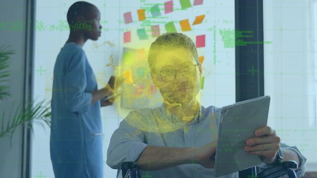 Animation of globe over diverse coworkers in office
