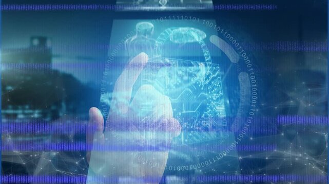Animation of glitch, data on screens, hand and digital padlock