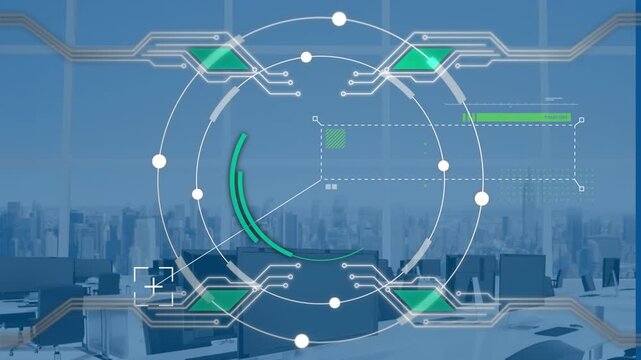 Animation of hud elements, circles, connecting dots with furniture at office against cityscape