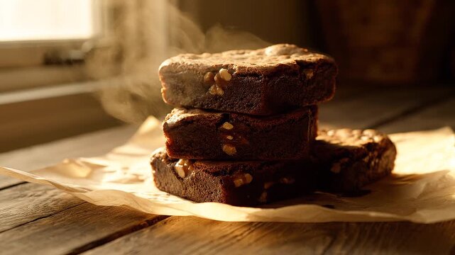 Deliciously baked warm chocolate brownies stacked on parchment paper with a hint of steam rising